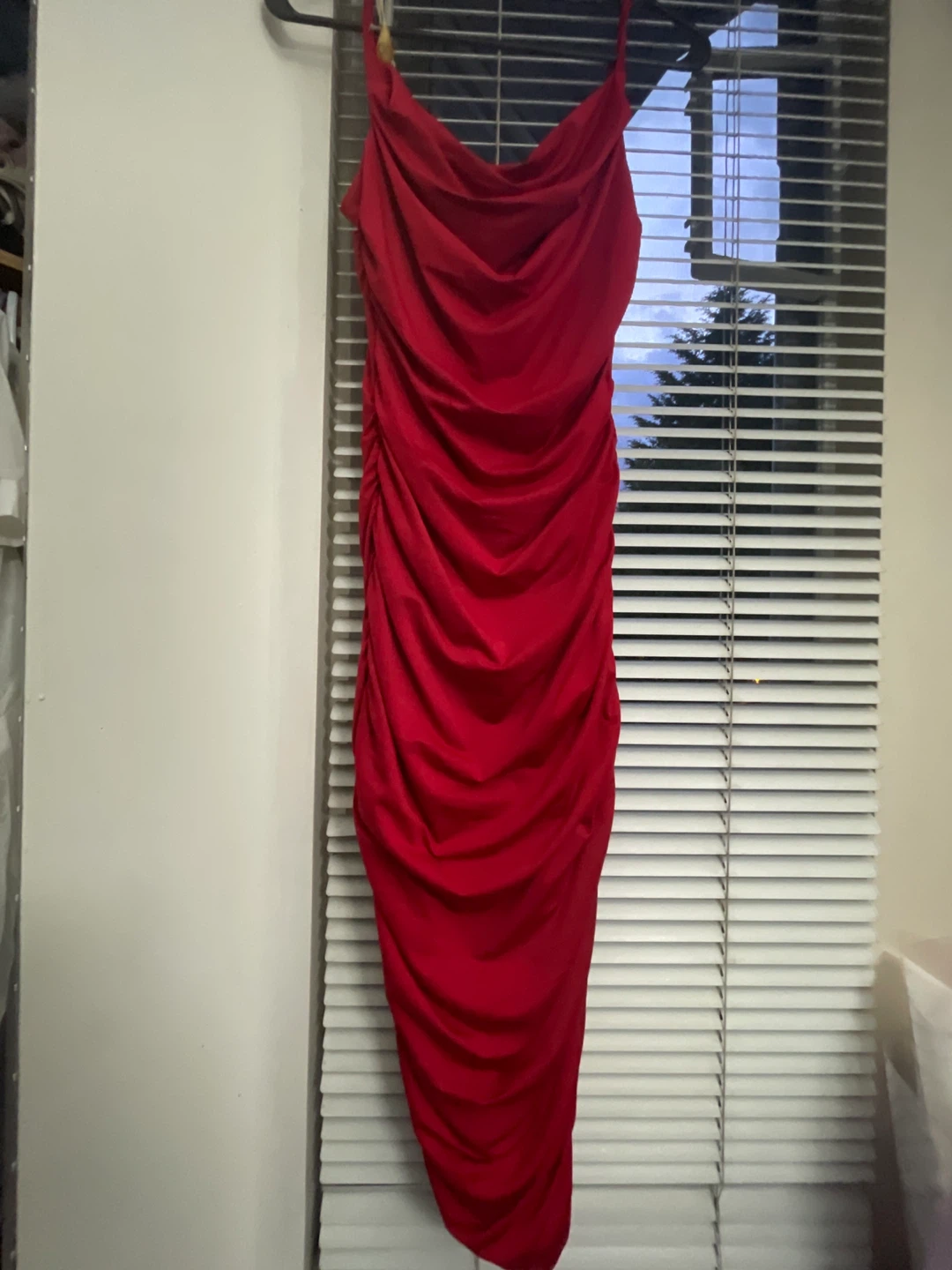 Red Ruched Bodycon Midi Dress