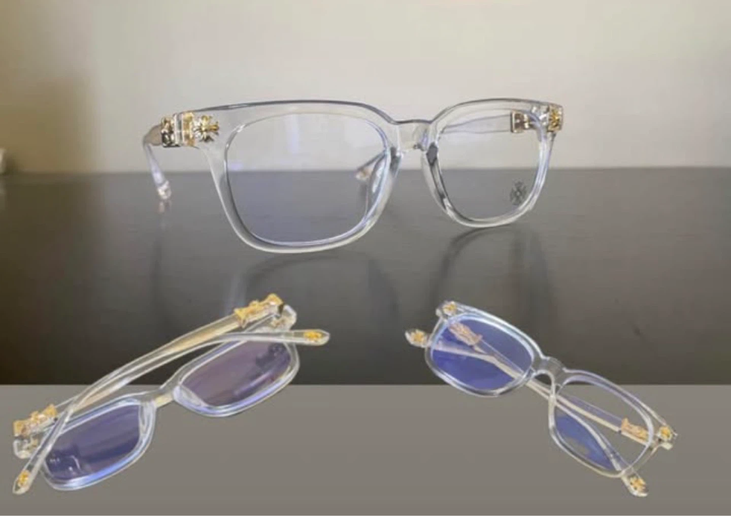 Chrome Hearts Style Clear Frame Blue Light Glasses Gold Accents