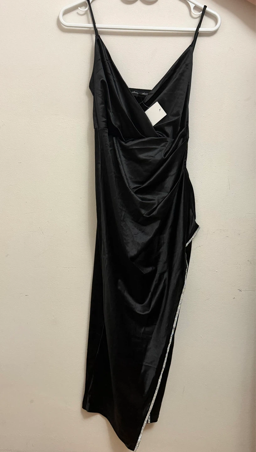 Black Satin Slip Dress with Rhinestone Trim