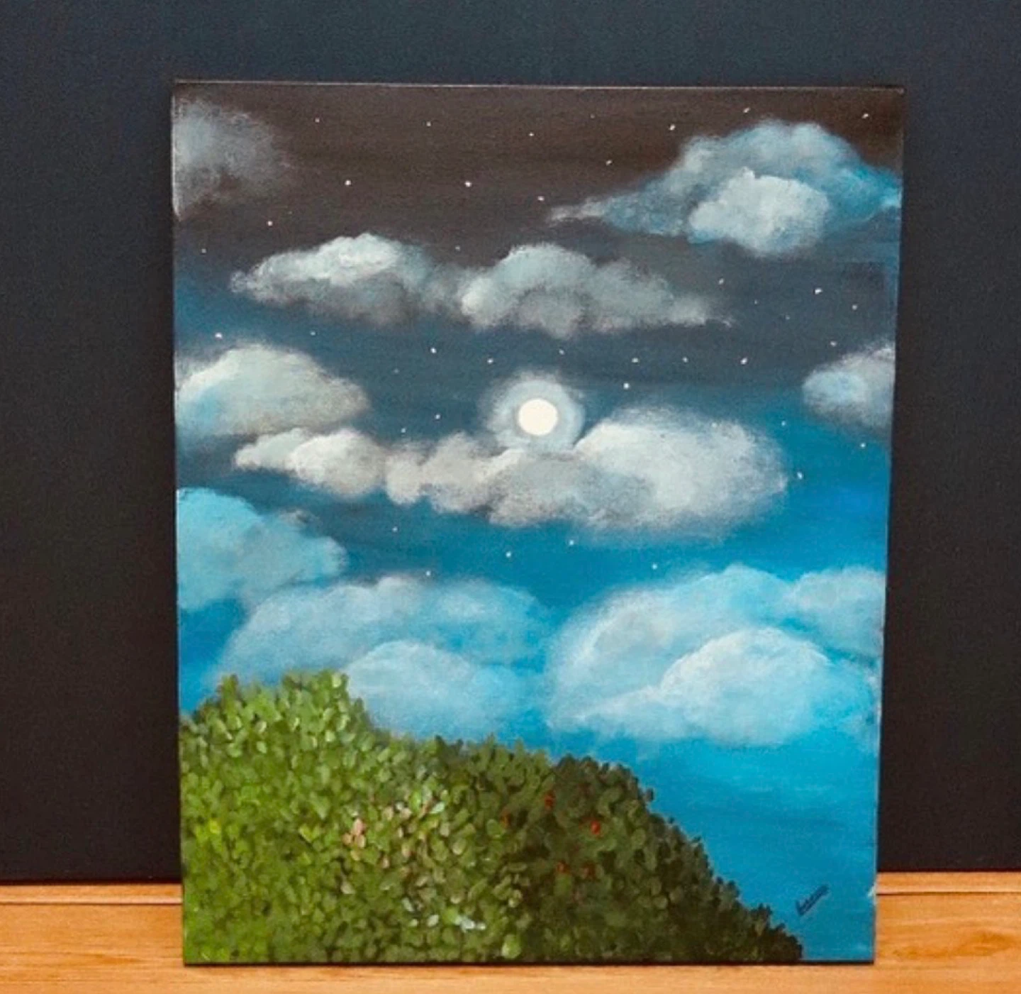 Night Sky Painting with Moon and Clouds