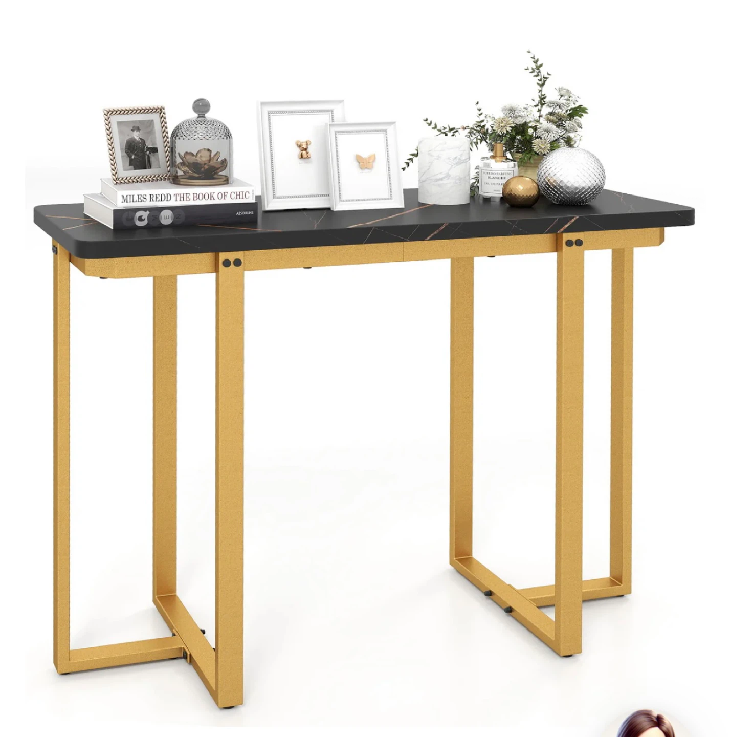 Black Faux Marble Console Table with Gold Legs