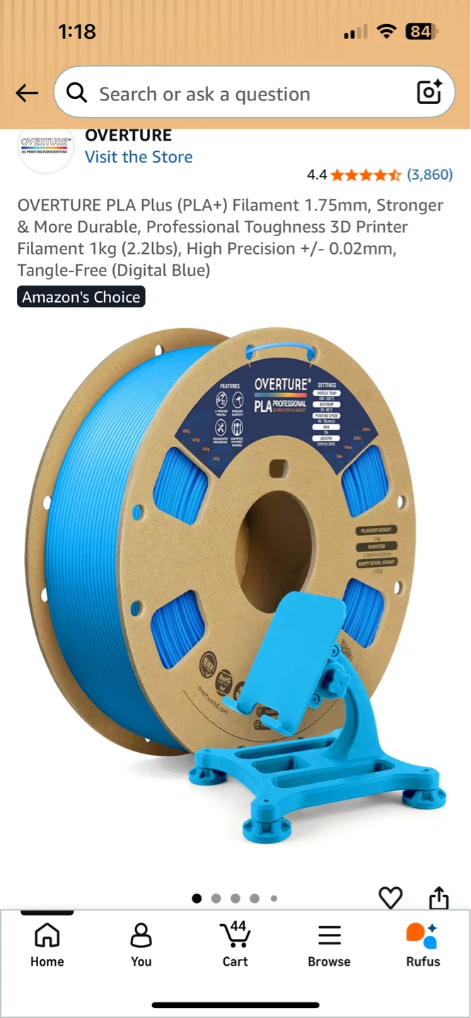 OVERTURE PLA Plus Filament 1.75mm Digital Blue 1kg