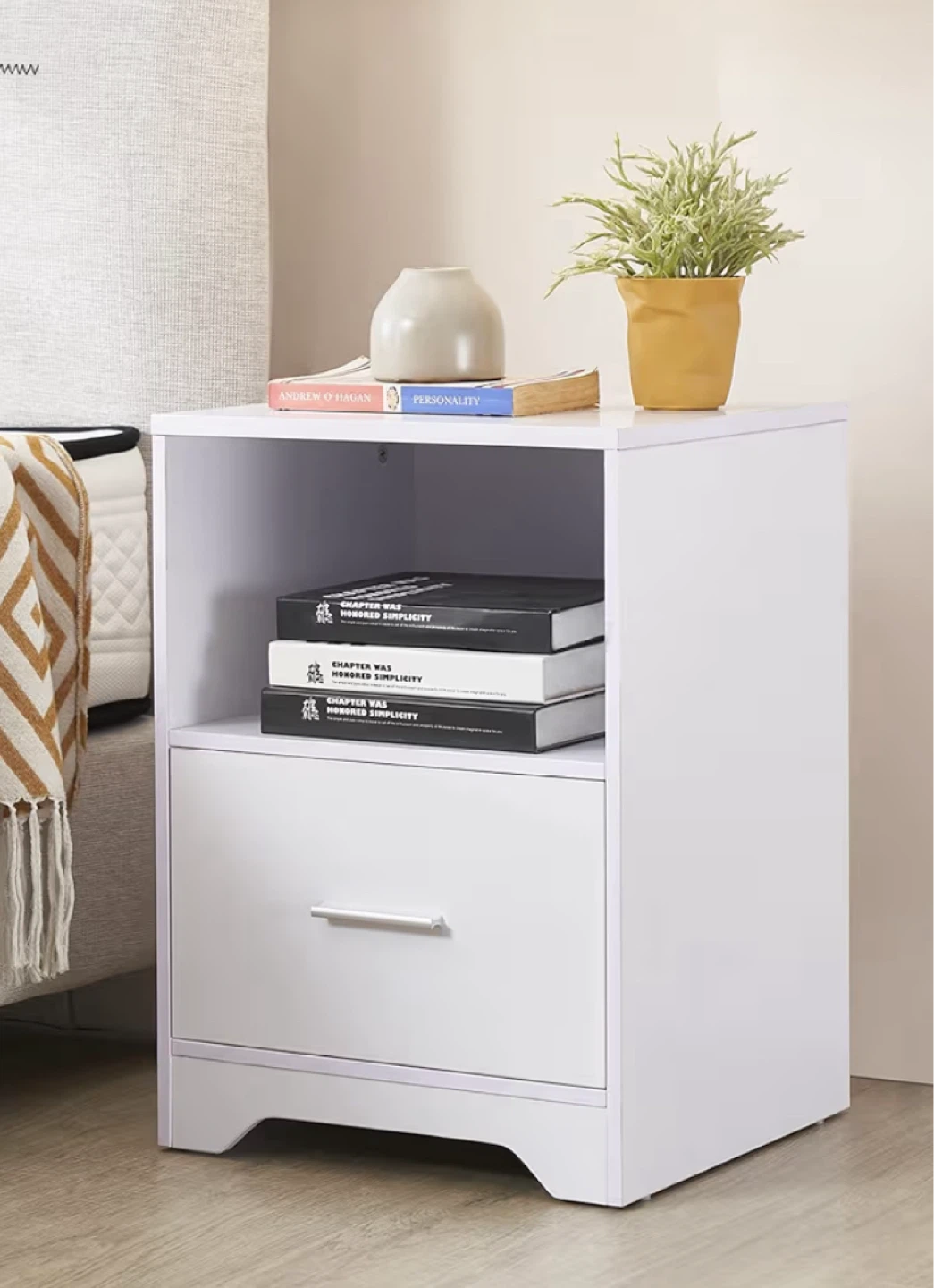 White Side Table, Nightstand with Drawer – Good Condition