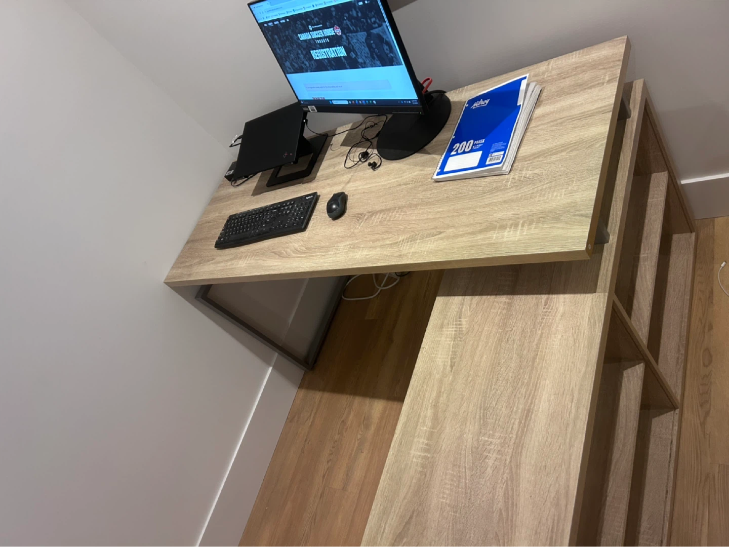 Oak finish L-shaped desk with storage - photo 3