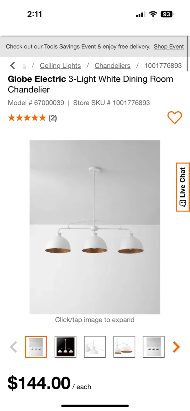 Globe Electric 3-Light White Dining Room Chandelier