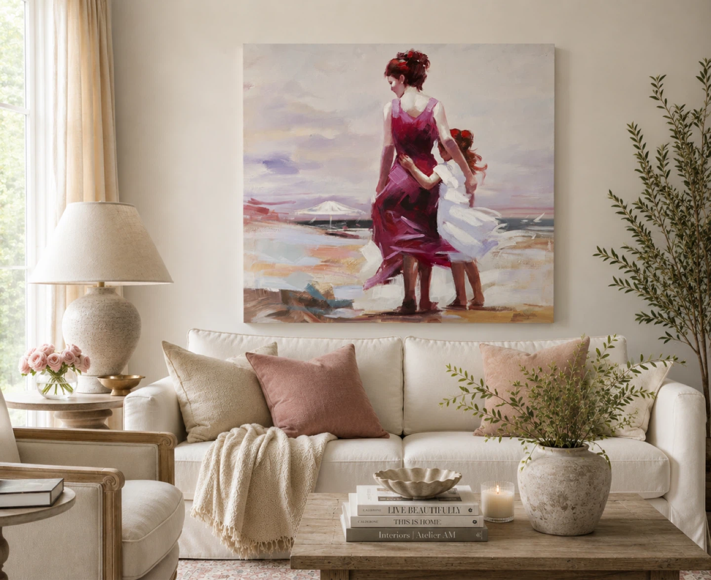 Canvas Wall Art Painting of Mother and Daughter on Beach