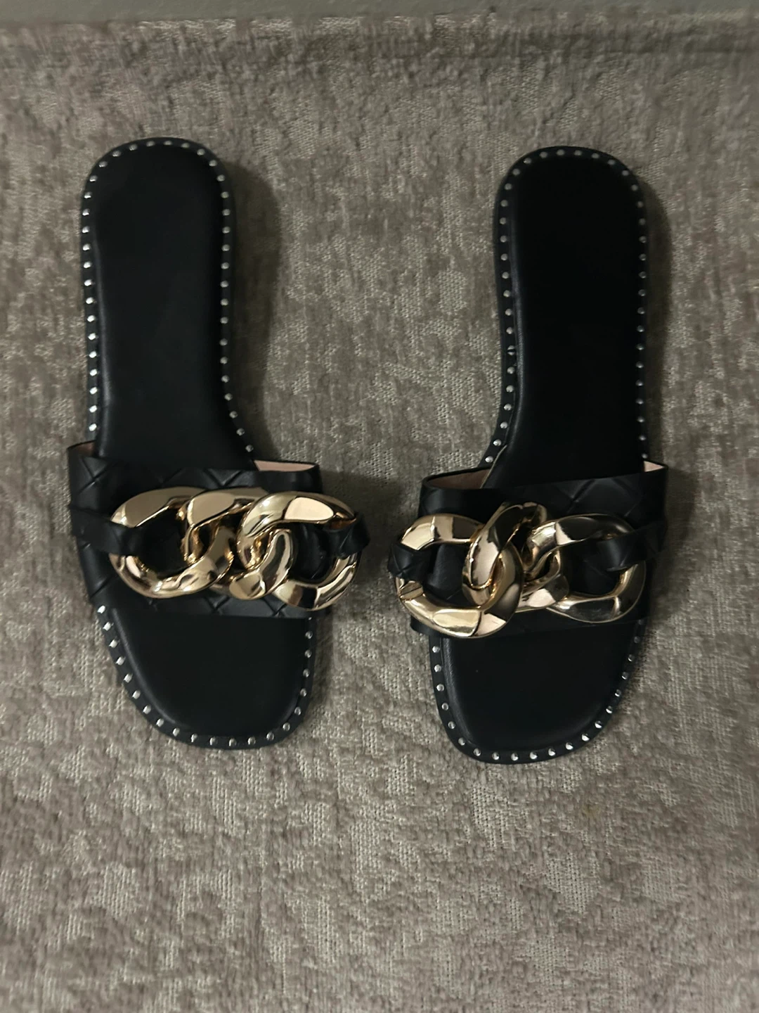 Black Slide Sandals with Gold Chain - Size 40