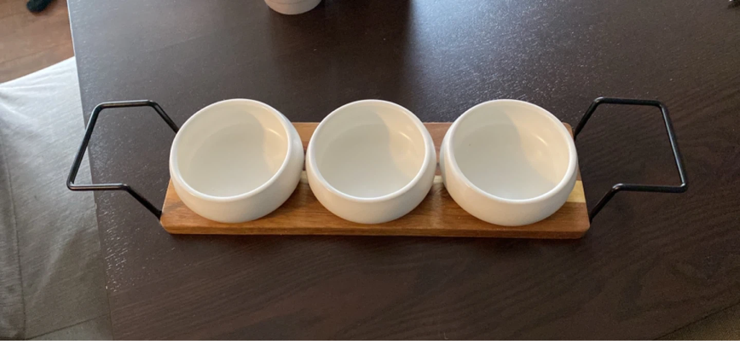 White Ceramic Dipping Bowls with Wooden Base & Metal Rack