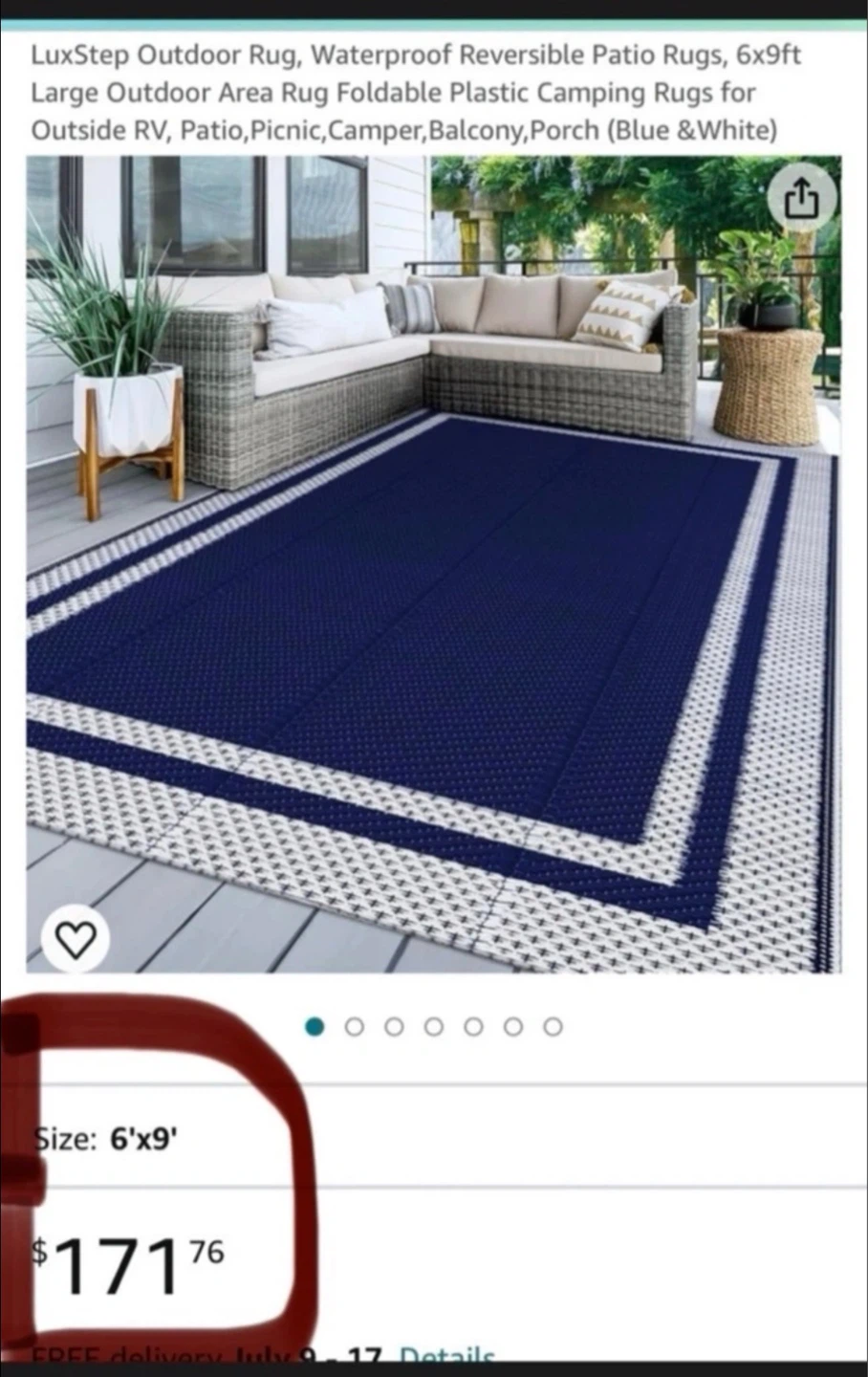 Brand New! Excellent Quality  Outdoor Rug 6x9ft