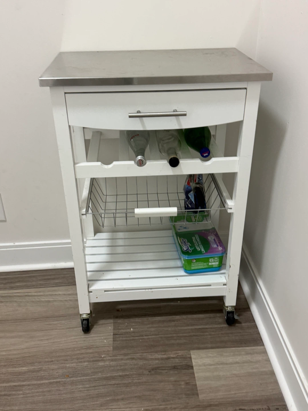 White Kitchen Cart with Stainless Steel Top