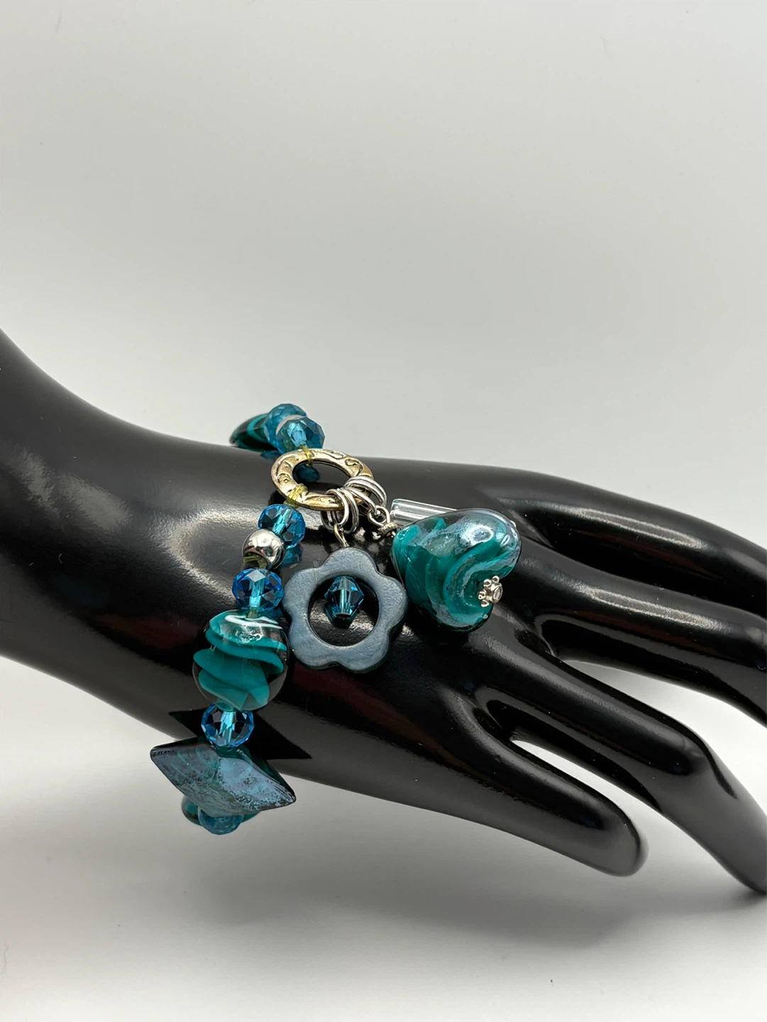 Vintage Teal Glass Bracelet Heart Charm - photo 2