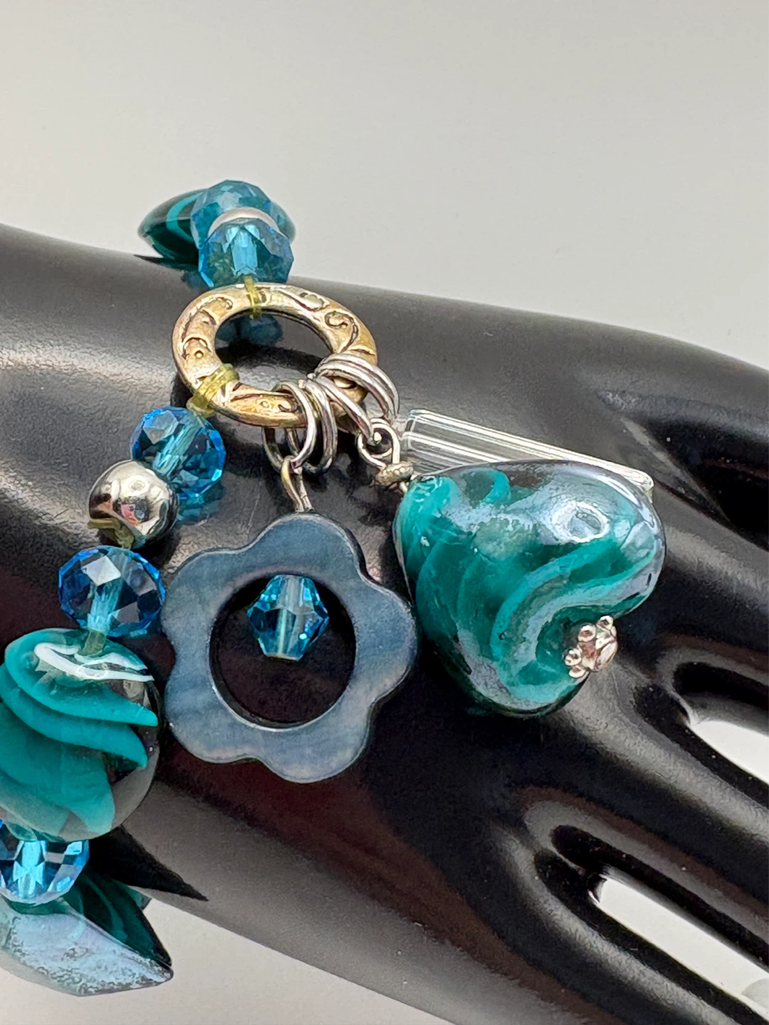 Vintage Teal Glass Bracelet Heart Charm - photo 3