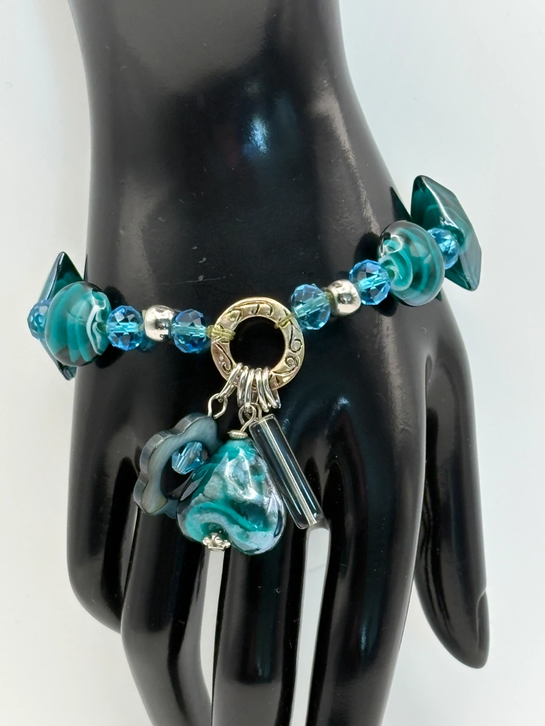 Vintage Teal Glass Bracelet Heart Charm - photo 4
