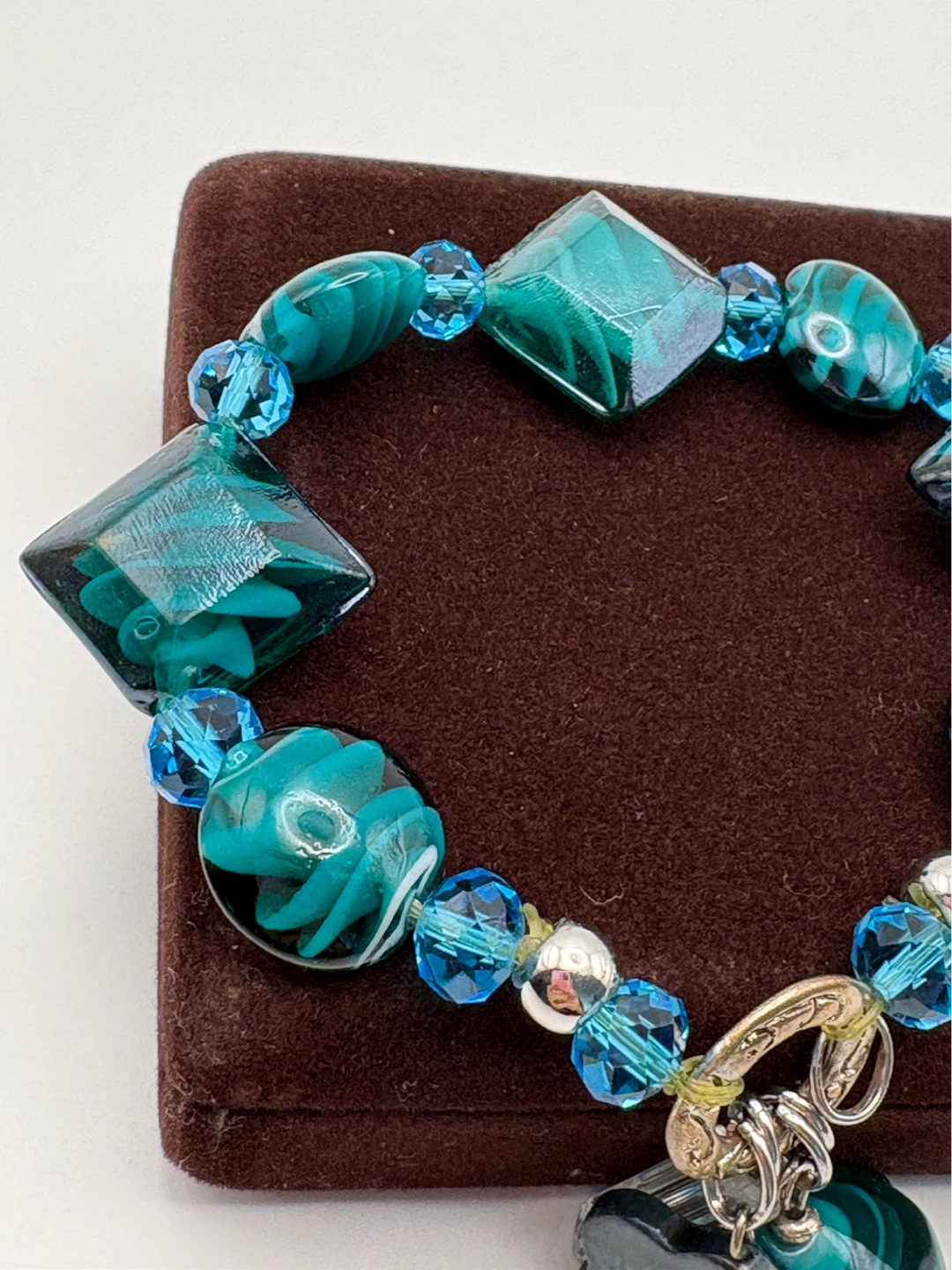 Vintage Teal Glass Bracelet Heart Charm - photo 5