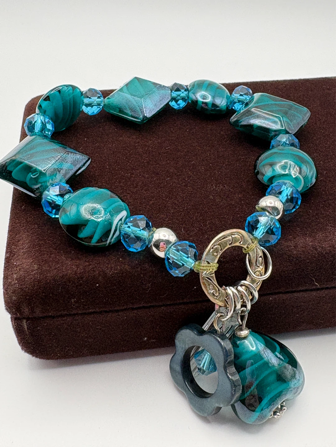 Vintage Teal Glass Bracelet Heart Charm