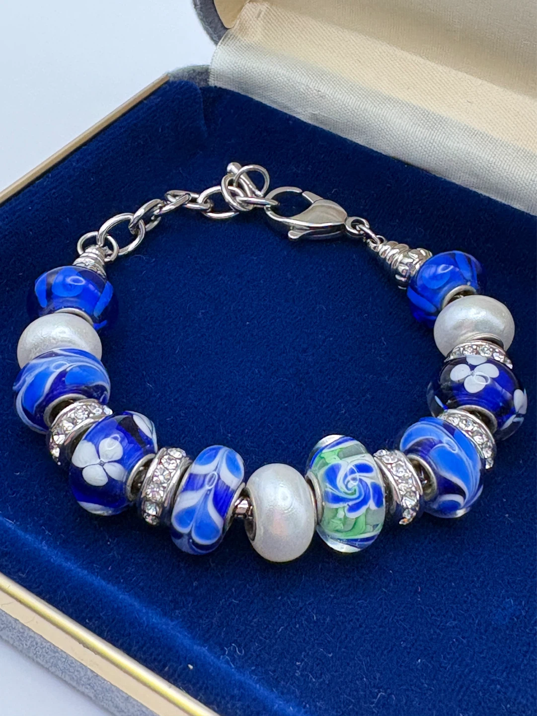 Vintage Blue and White Art Glass Charm Bracelet