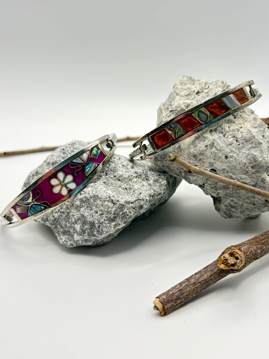 Set of 2 Vintage Enamel & Shell Inlay Bracelets