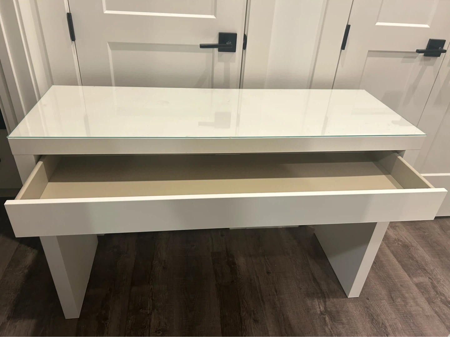 IKEA makeup table with glass top and drawer