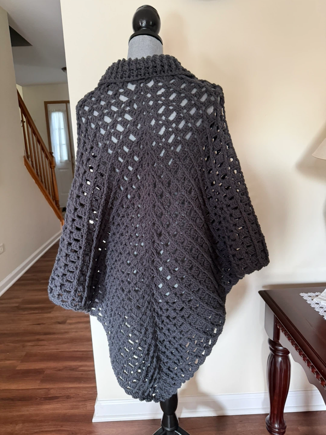 Hand Crocheted Dark Gray Poncho - photo 3