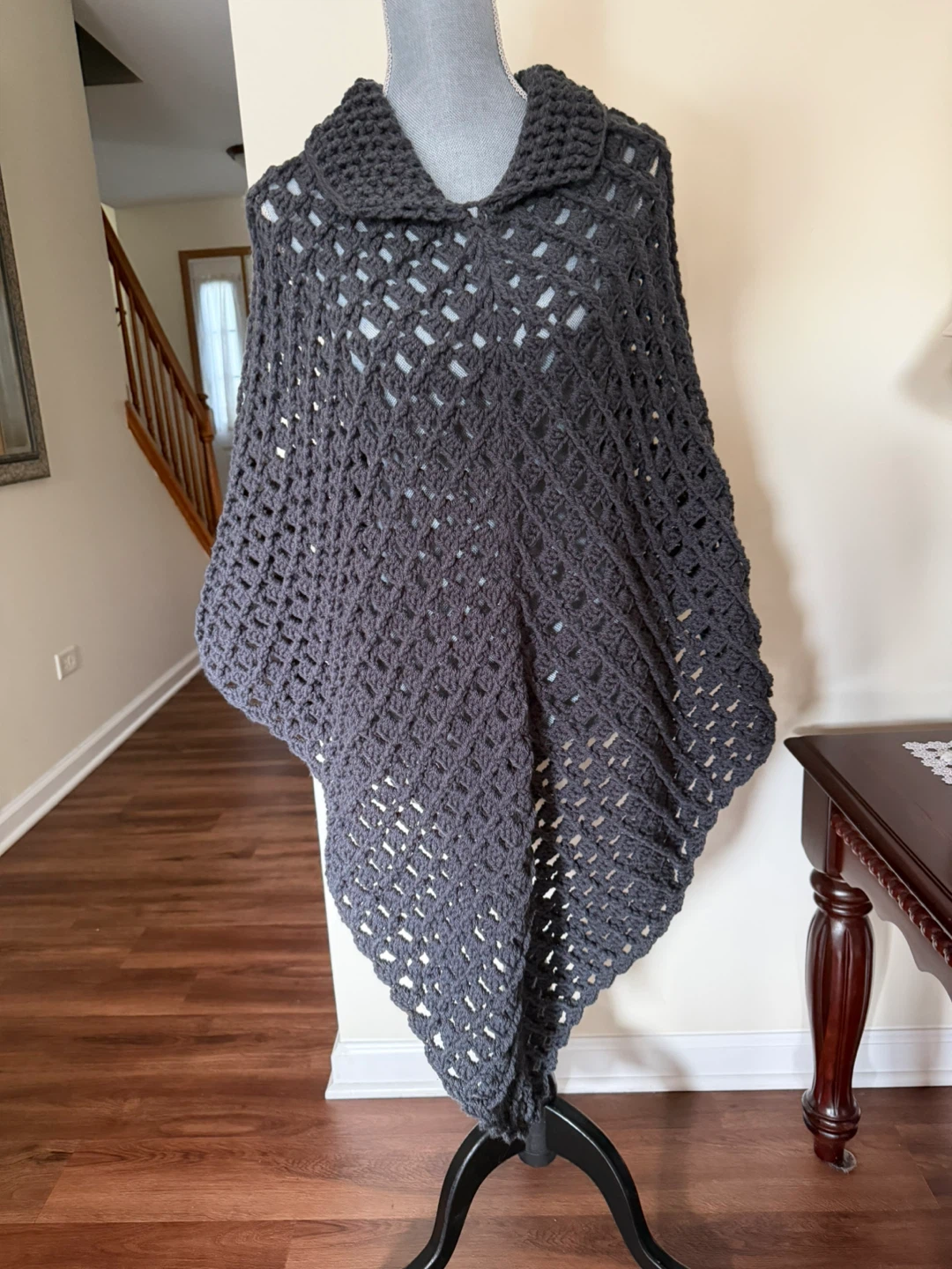 Hand Crocheted Dark Gray Poncho - photo 2