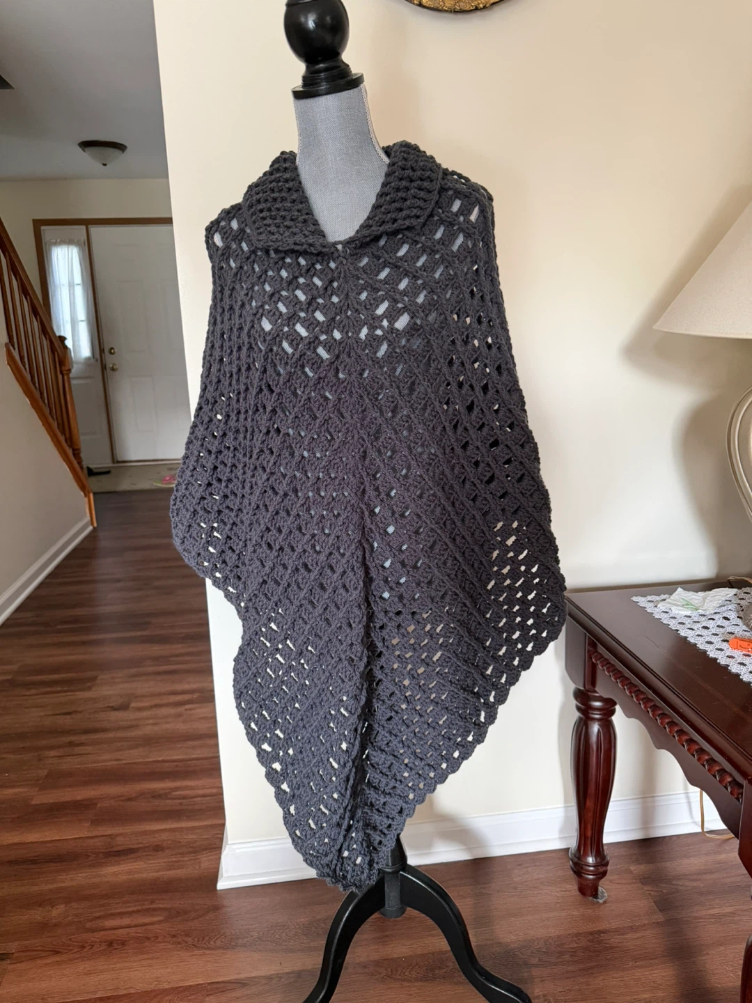 Hand Crocheted Dark Gray Poncho