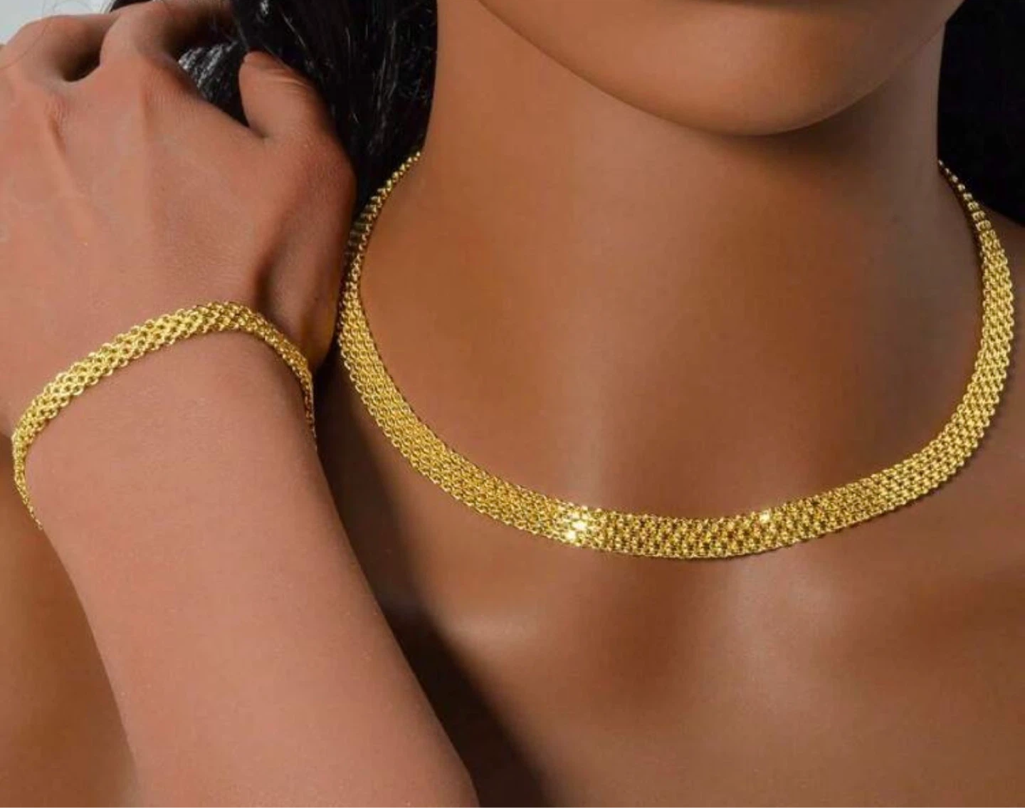 Gold Tone plated Mesh Chain Necklace and Bracelet Set 18 Inch - photo 2