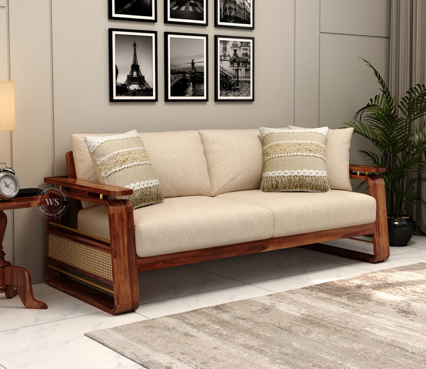 Wooden Street 3-Seater Sofa with Cushions