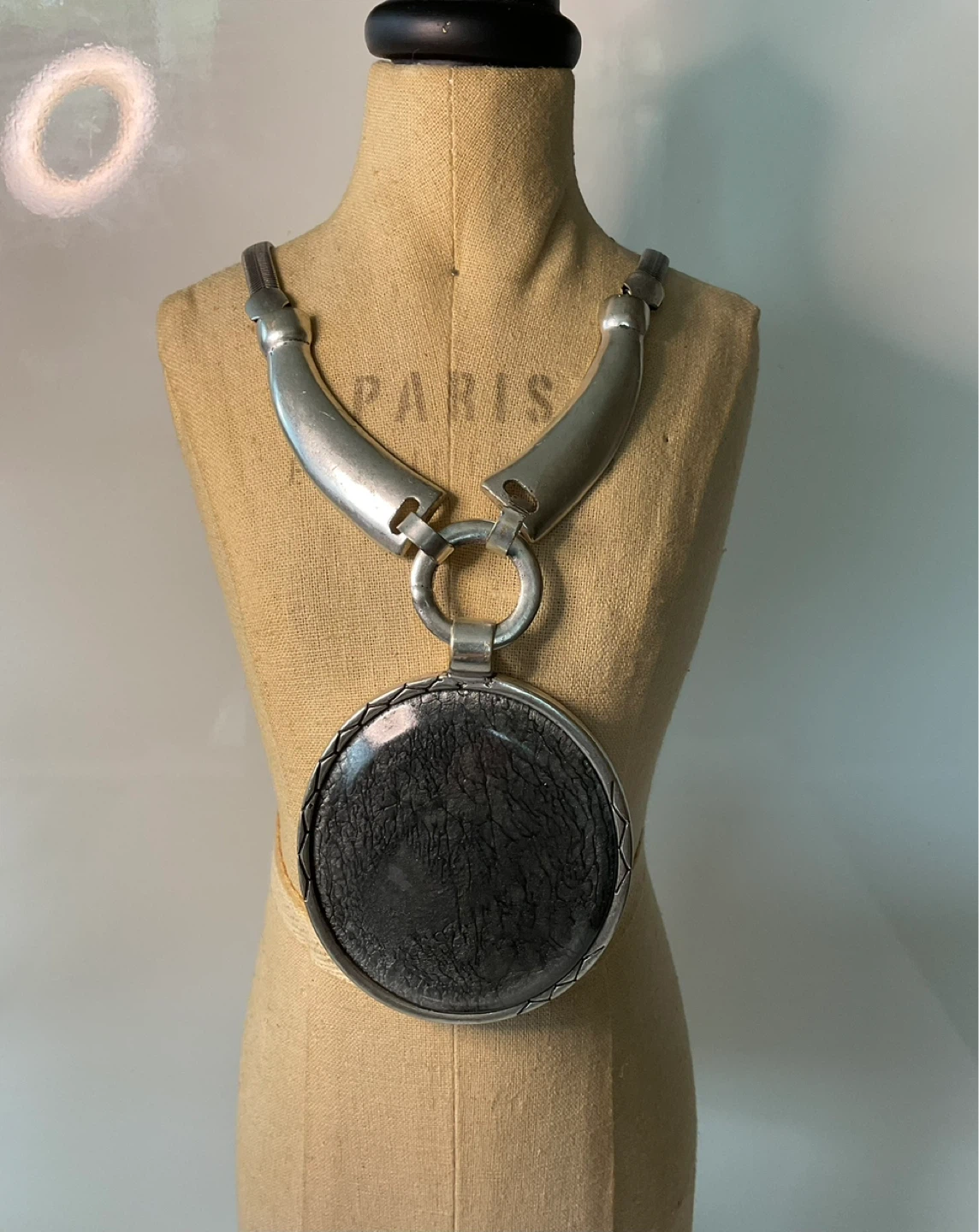 Silver Tone Necklace with Large Dark Pendant