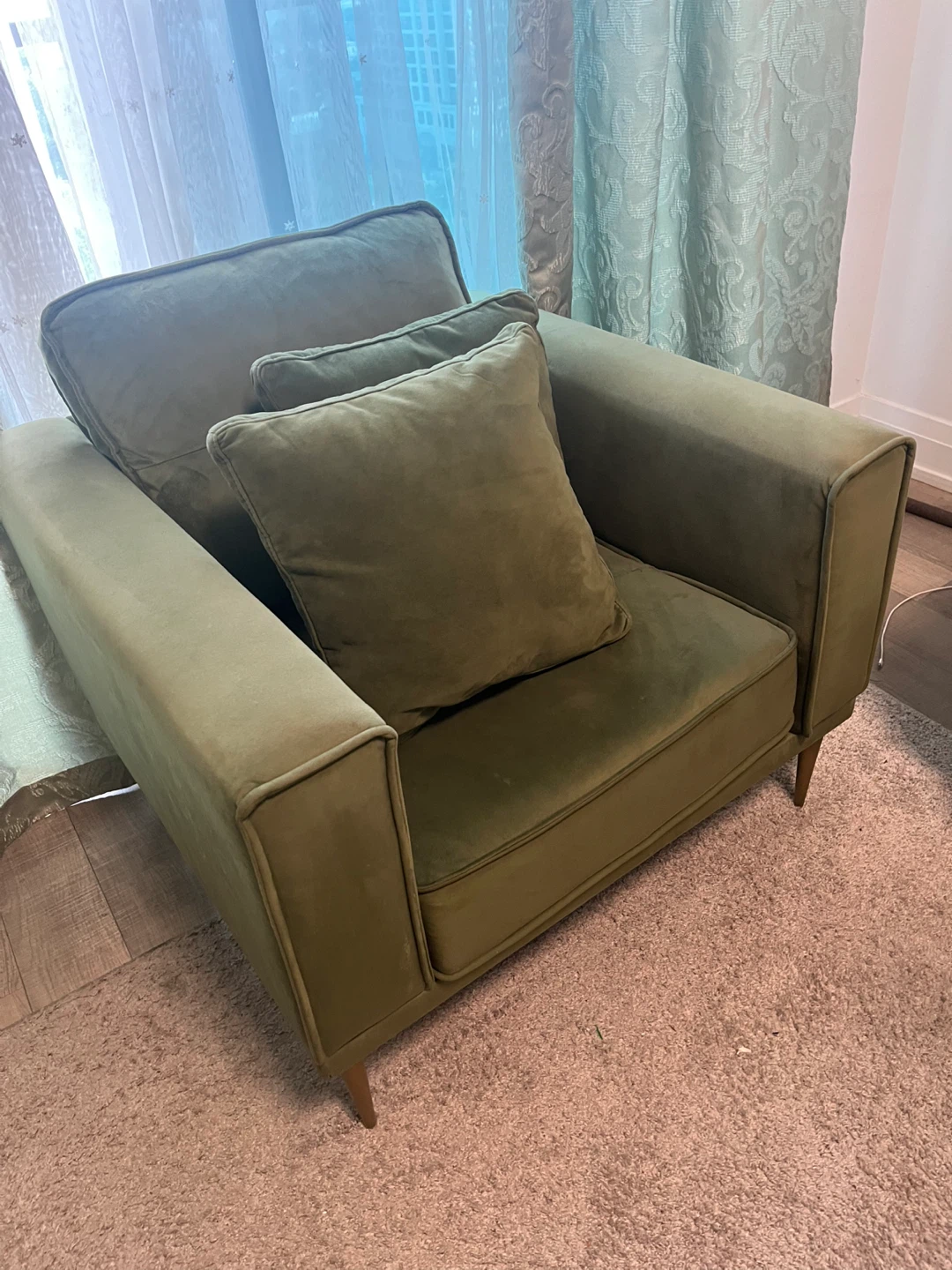 Green Velvet Armchair with Two Cushions