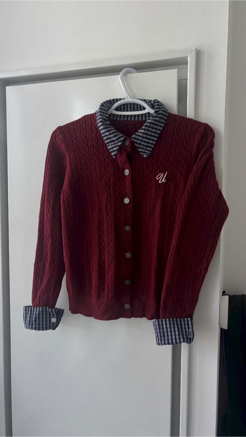 Preppy Burgundy Cable Knit Cardigan with Layered Shirt Detail