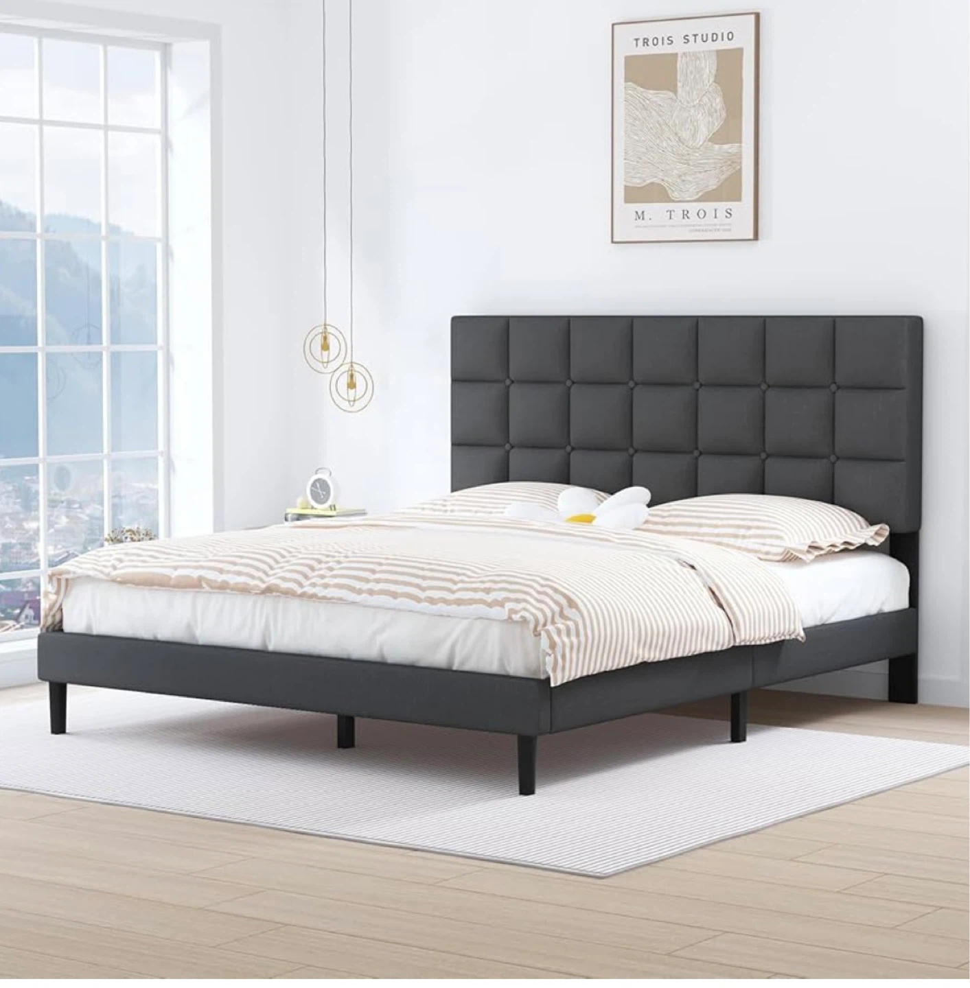 Queen Upholstered Platform Bed Frame with Headboard - photo 5