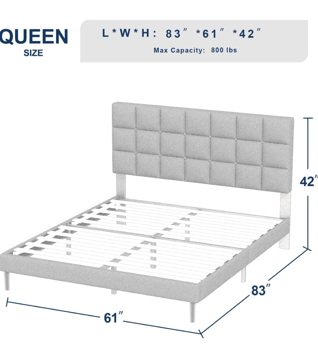 Queen Upholstered Platform Bed Frame with Headboard