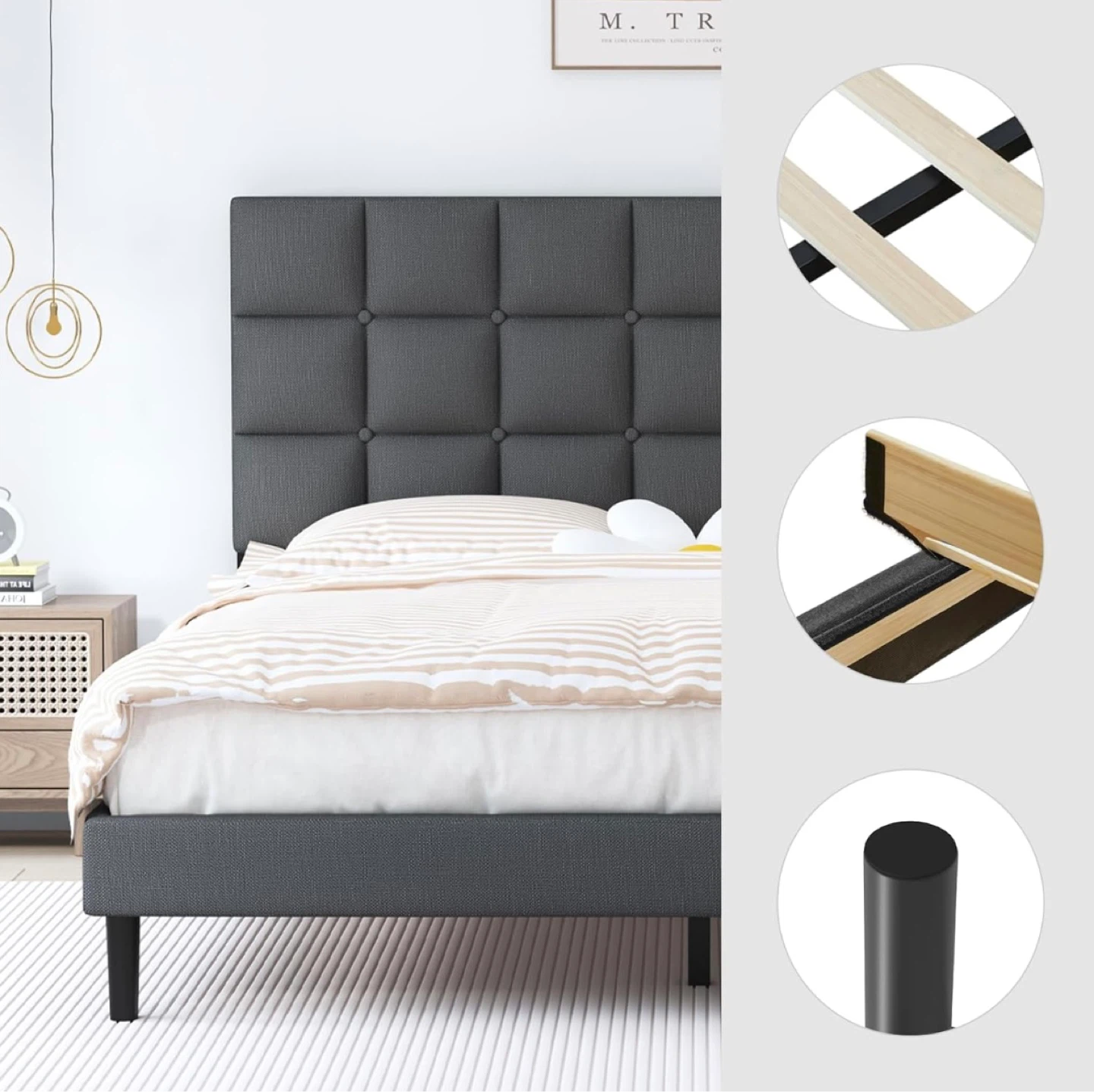 Queen Upholstered Platform Bed Frame with Headboard - photo 3