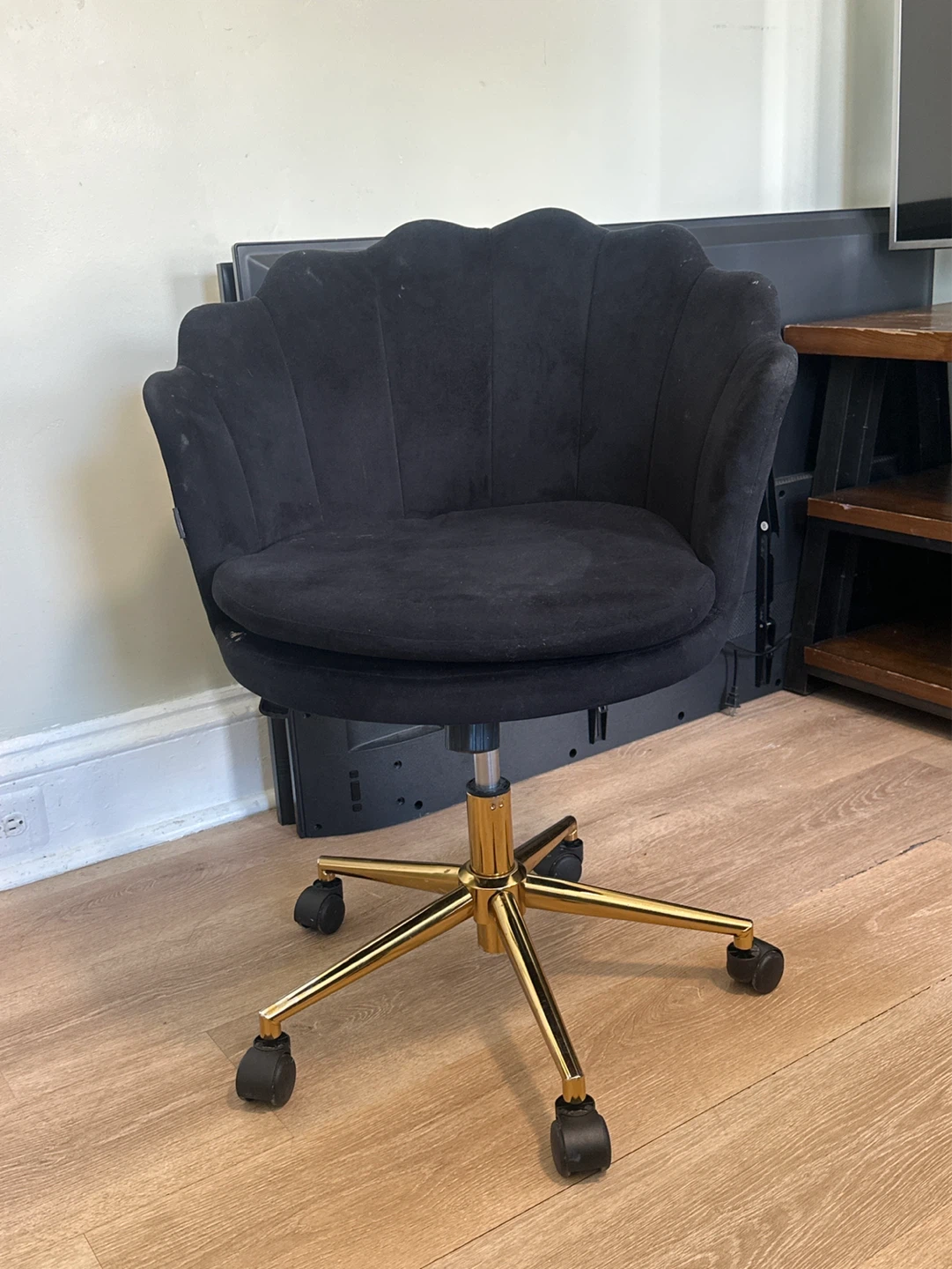 Black Velvet Scalloped Office Chair with Gold Base