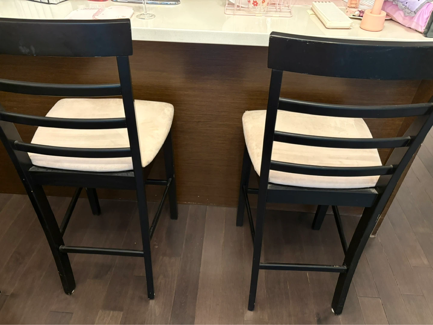Set of 2 Black Bar Stools with Beige Cushions