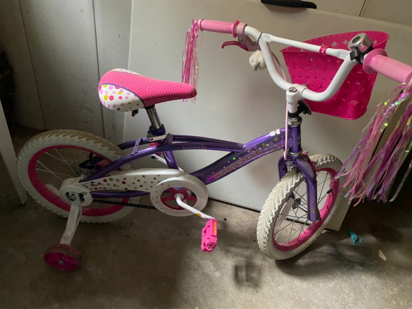 Purple and Pink Supercycle Kids Bike with Basket
