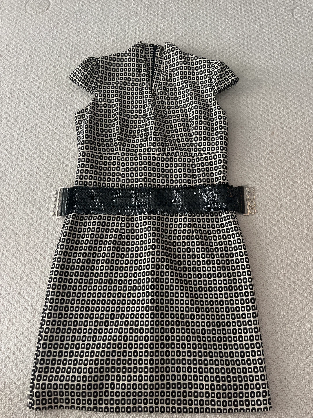 Black & White Patterned Dress with Sequin Belt