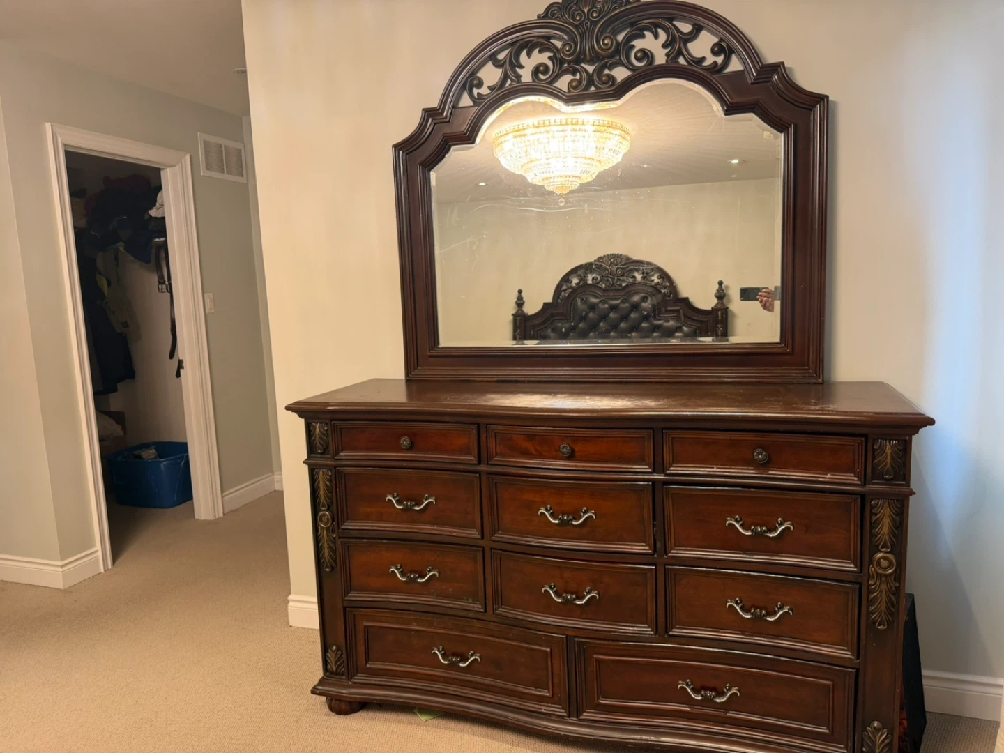 Wooden Dresser with Mirror and Tufted Headboard Bed - photo 2