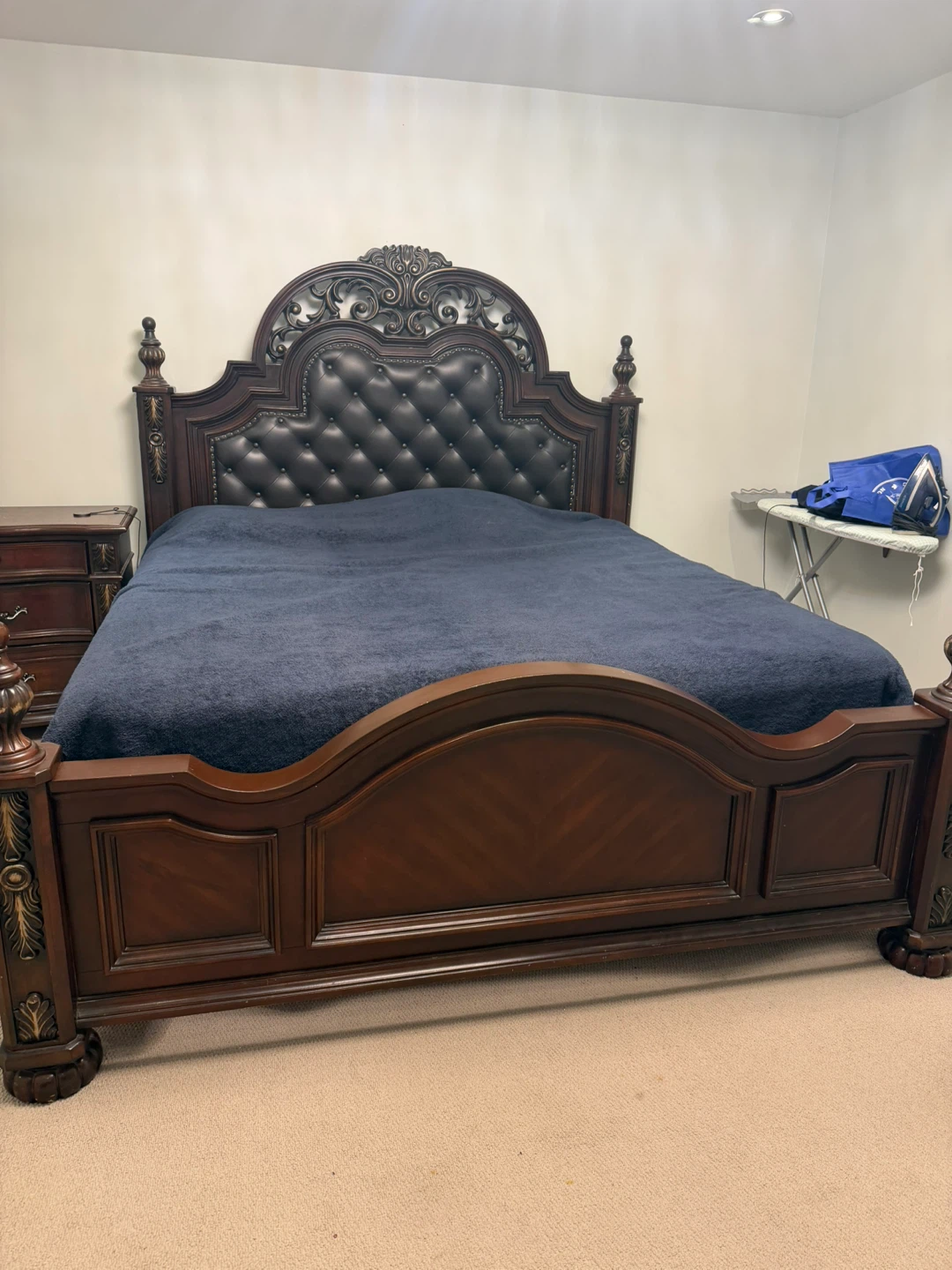 Wooden Dresser with Mirror and Tufted Headboard Bed