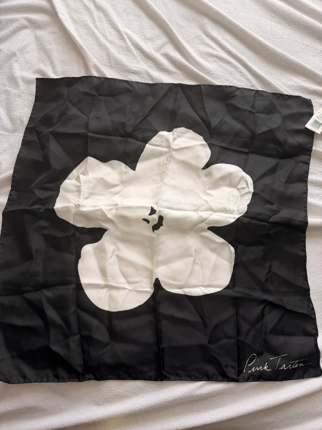 Pink Tartan Black White Flower Silk Scarf