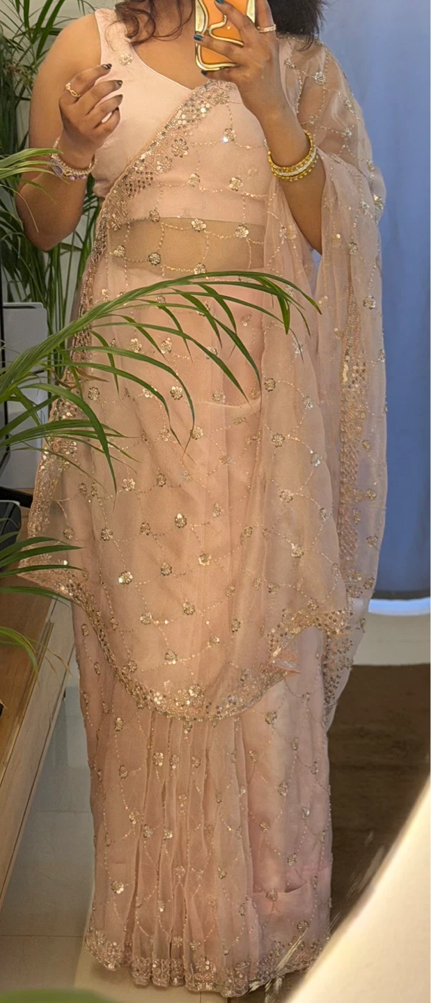 Saree Pink polyester satin with a sheen Blouse and Fabric - photo 3
