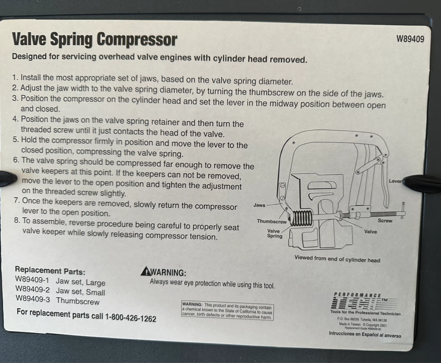 Performance Tech Valve Spring Compressor W89409
