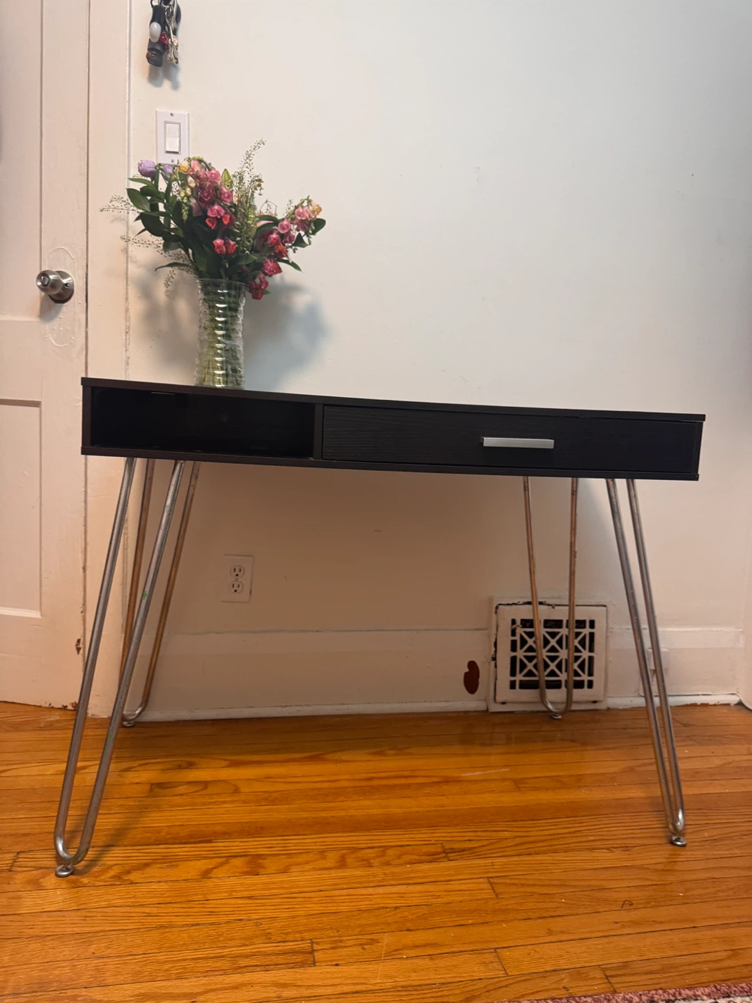 Black Writing Desk with Drawer and Hairpin Legs - photo 2