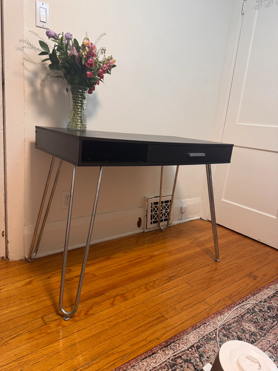 Black Writing Desk with Drawer and Hairpin Legs