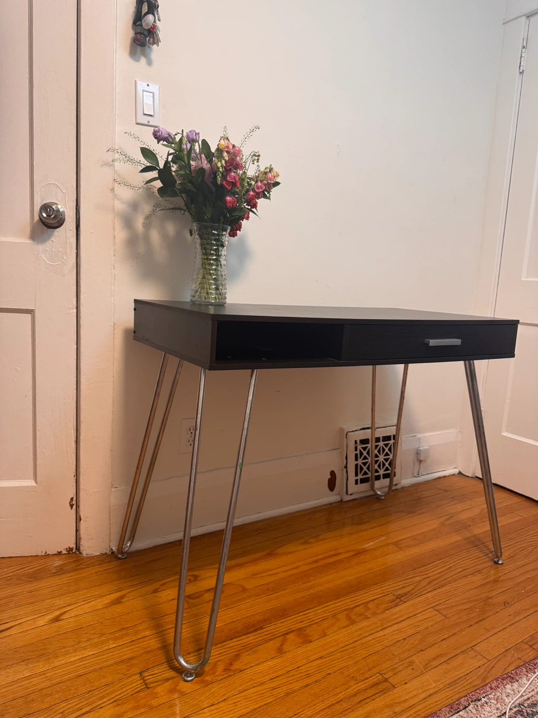Black Writing Desk with Drawer and Hairpin Legs - photo 3