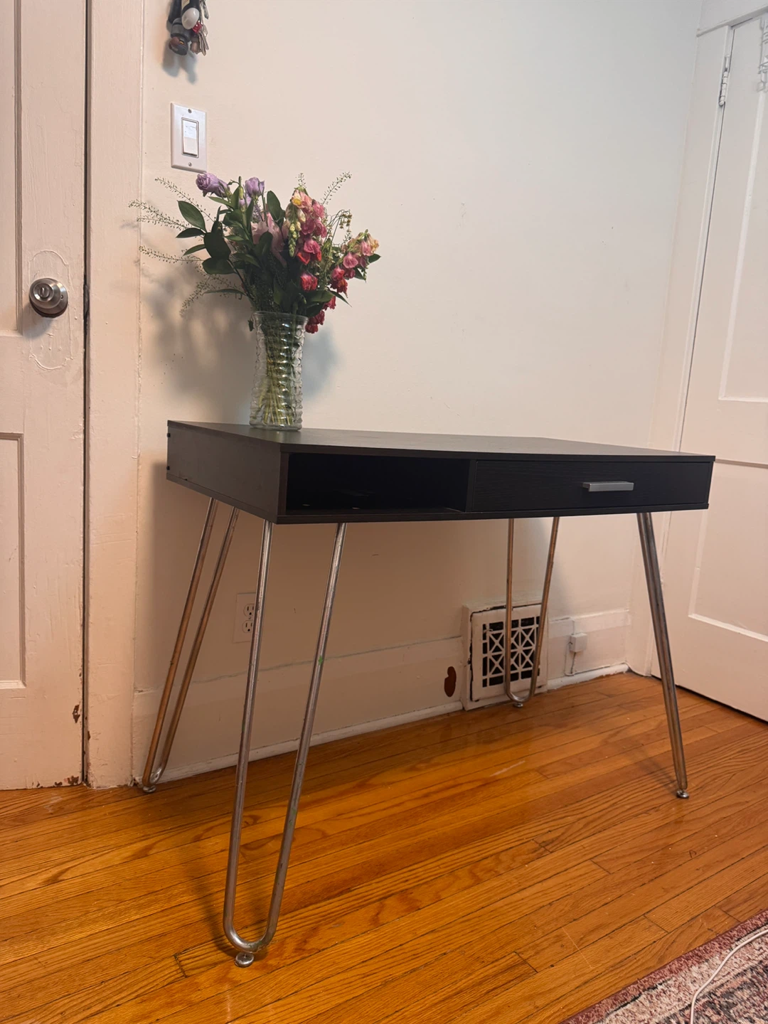 Black Writing Desk with Drawer and Hairpin Legs - photo 4