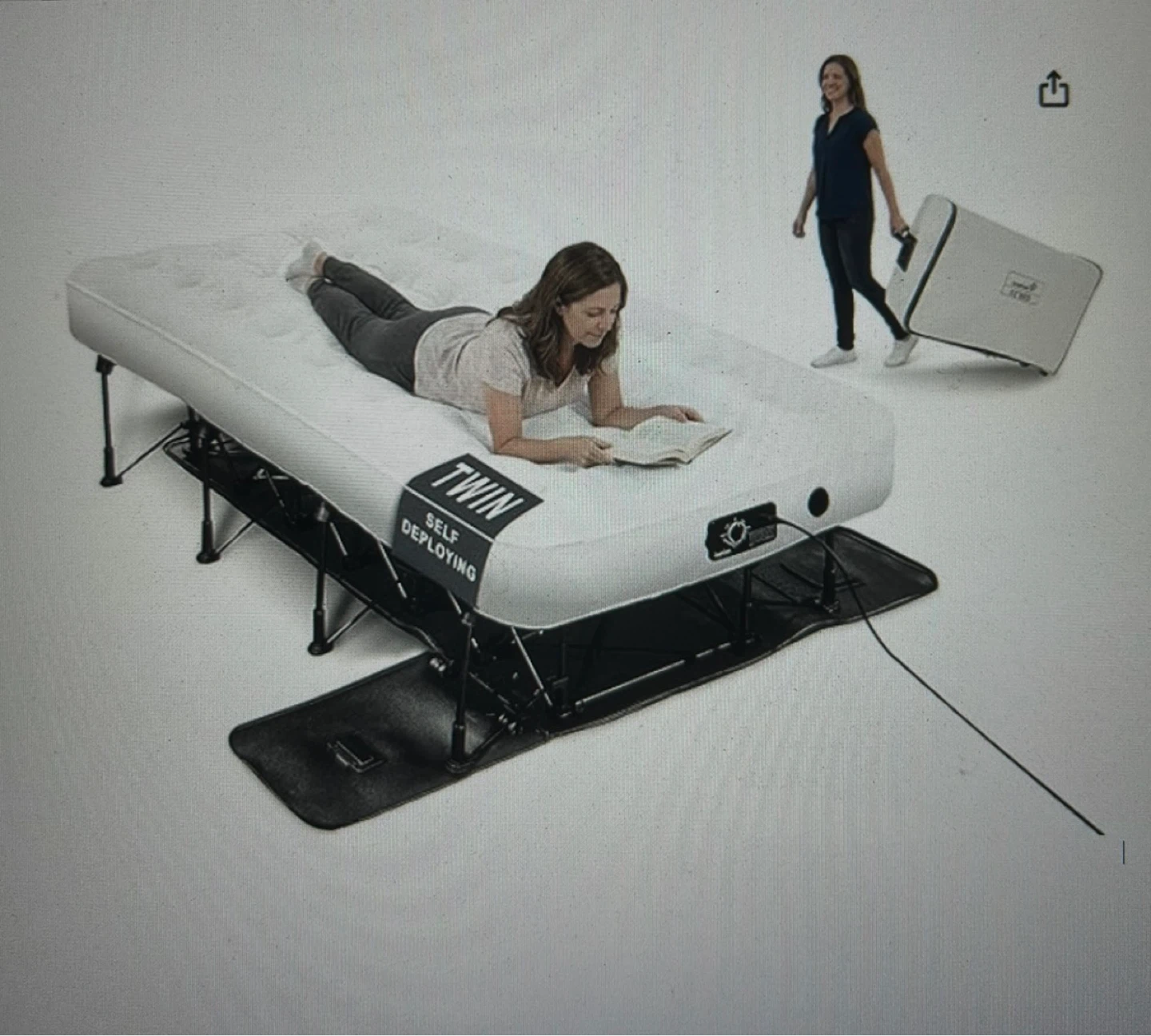 Self inflating single air mattress with bed frame and case
