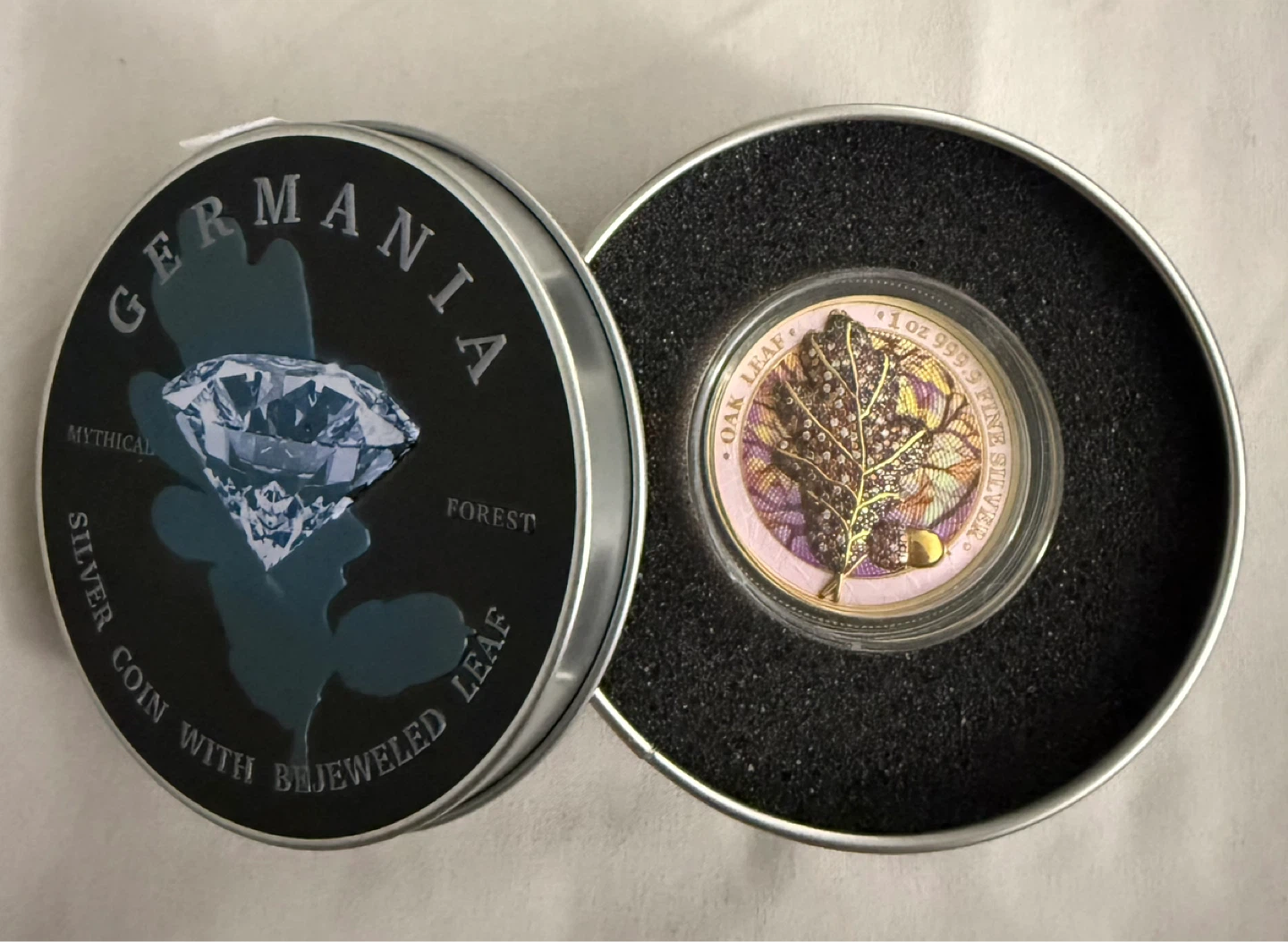 Germania Mint Oak Leaf Bejeweled Silver Coin