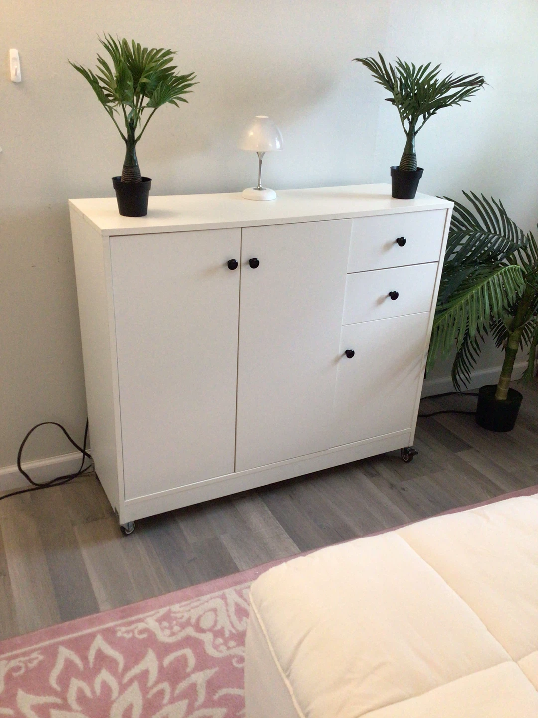 White Storage Cabinet with Doors and Drawers