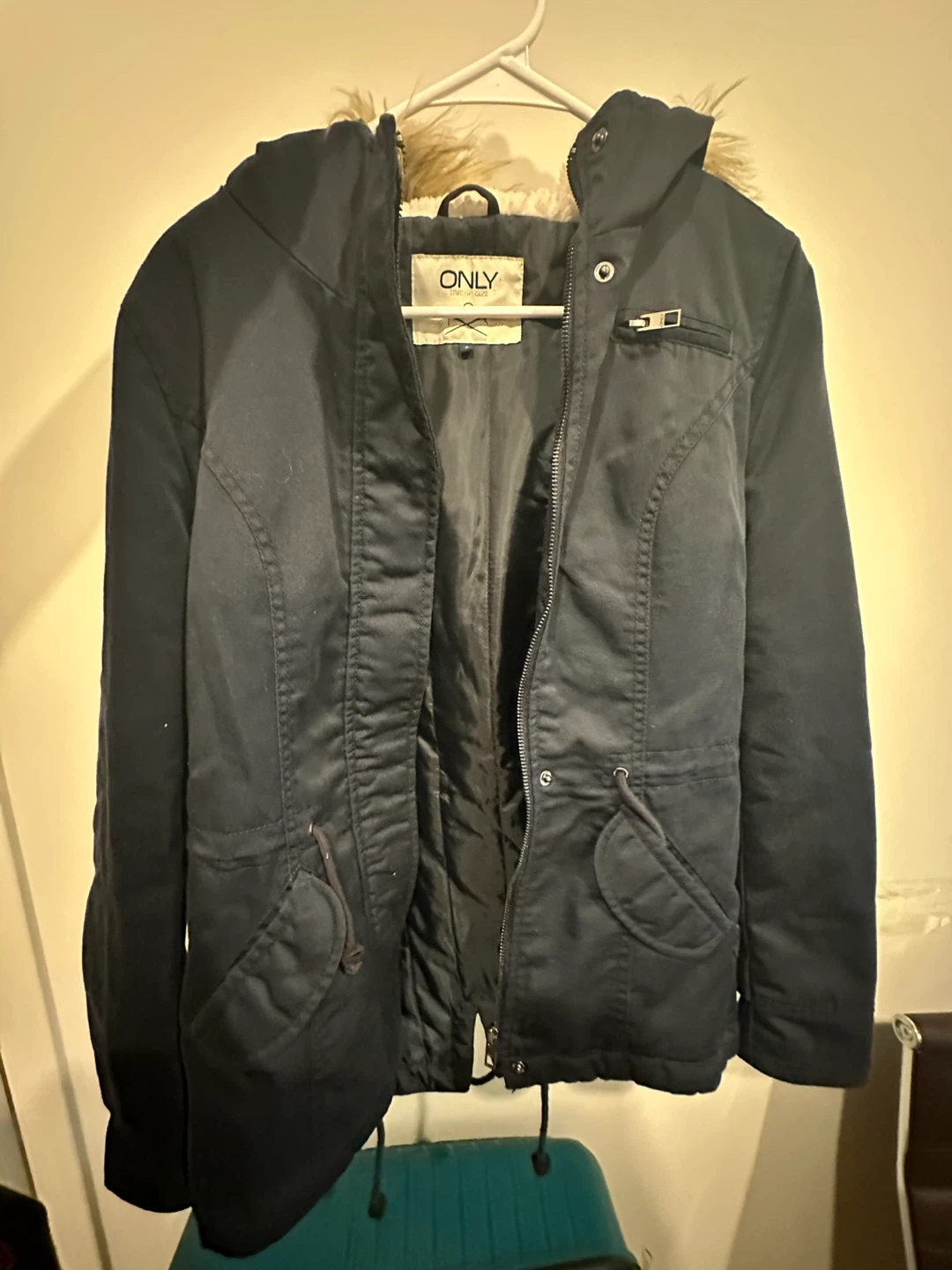 ONLY Navy Blue Parka Jacket with Faux Fur Hood